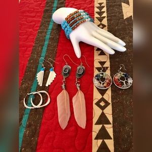 4 Pair of Earrings & 1 Beaded Bracelet • Silver • Turquoise • Feathers • Stones
